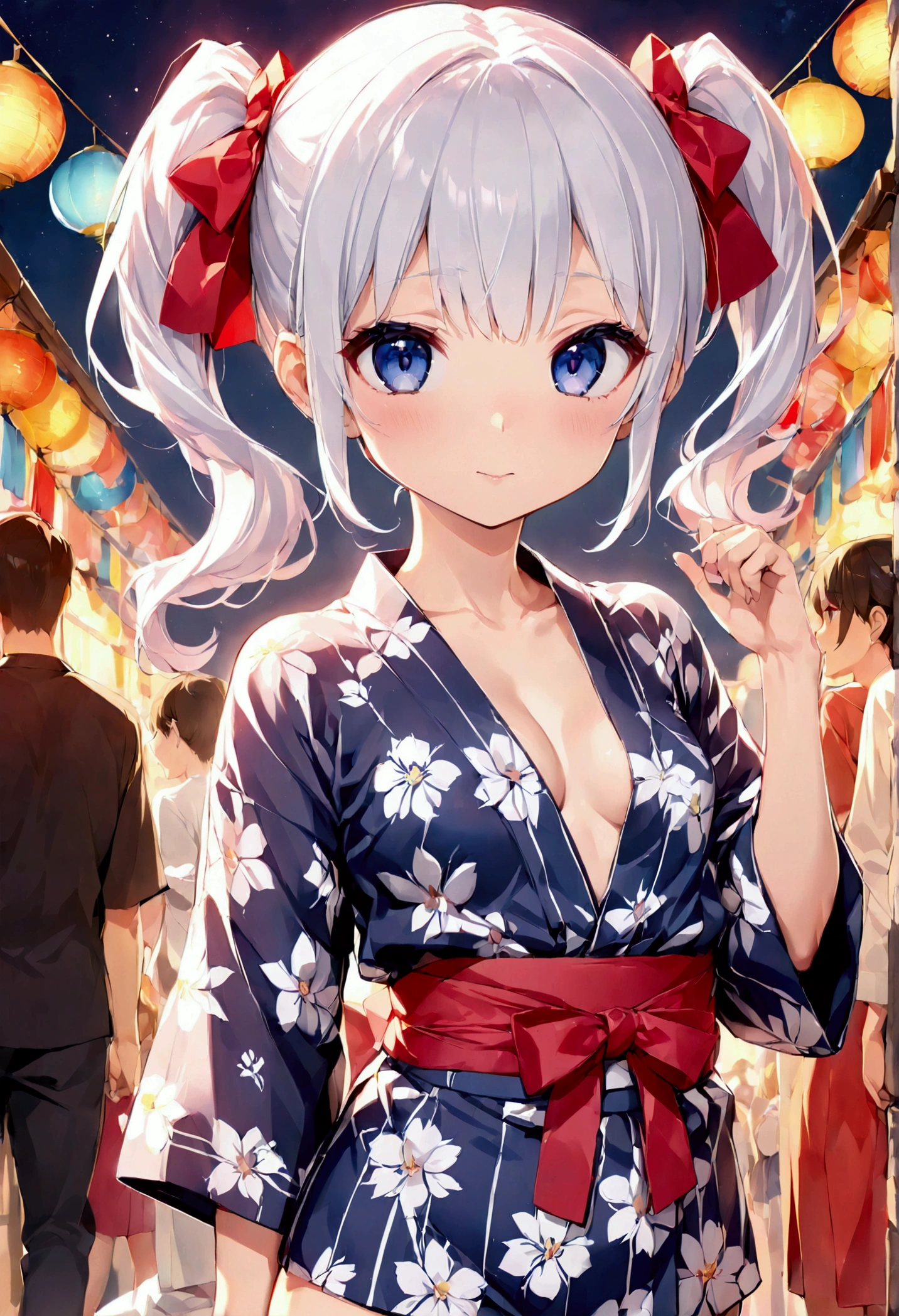 高いquality illustration, masterpiece, Very delicate and beautiful, Slender body, Anime Style, Beautiful Eyes, masterpiece, Highest quality, High resolution, Very detailed, Perfect lighting、very young、1 female、Twin tails、Puff out your cheeks、Front shot、Small breasts、Cleavage、Festivals、yukata