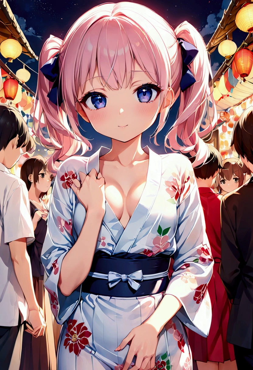 高いquality illustration, masterpiece, Very delicate and beautiful, Slender body, Anime Style, Beautiful Eyes, masterpiece, Highest quality, High resolution, Very detailed, Perfect lighting、very young、1 female、Twin tails、Puff out your cheeks、Front shot、Small breasts、Cleavage、Festivals、yukata