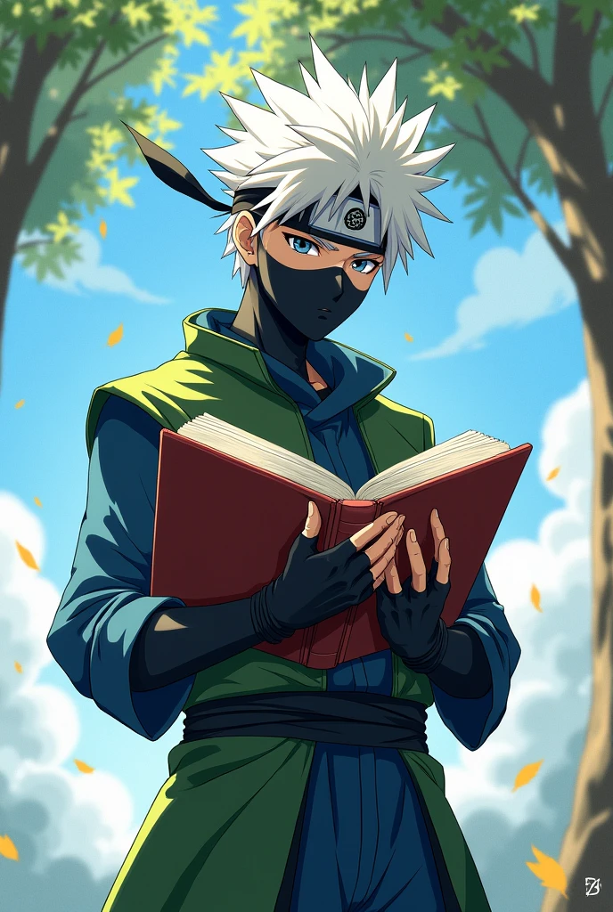 1boy, male_focus, solo, holding, holding_book, hand_in_pocket, book, sky, outdoors, cloud, mask, tree, leaf, white_hair, fingerless_gloves, day, pants, falling_leaves, gloves, forehead_protector, spiked_hair, blue_sky, vest, mouth_mask, ninja, dappled_sunlight, looking_at_viewer, long_sleeves, short_hair, blue_pants, standing, black_eyes, black_gloves, green_vest, cowboy_shot, shade, cloudy_sky, open_book