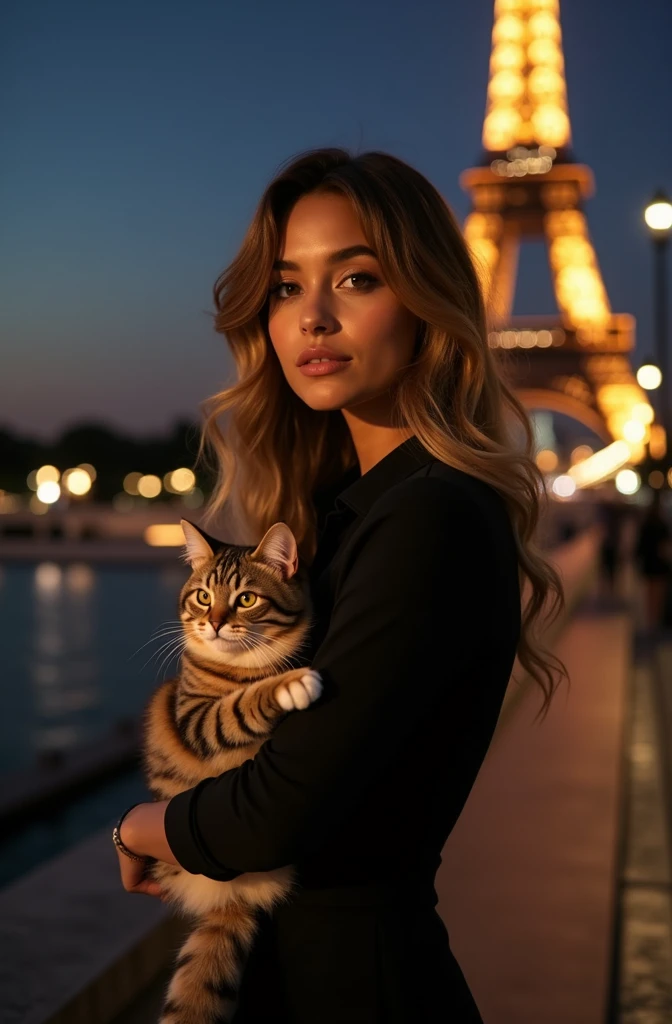 Beautiful realistic Moroccan blonde girl with dark brown eyes, with his cat, 2, woman in a stylish black dress, enjoying a night standing in front of the Eiffel tower, with the iconic landmark and singularly featured in the background, ((with the model showing a full body view)), almond-shaped eyes, oval face shape, prominent cheekbones, and naturally wavy hair ,with a height of 170 cm, high resolution, masterpiece, best quality, complex details, highly detailed, sharpness, detailed skin texture, perfect eye details, profession, 4k resolution, charming smile, shot with Canon, depth of field, Kodak Vision color, extremely detailed, ultra-realistic photography, photo realistic, post processing, maximum detail, true to life, Instagram model, ensure the entire body of the model is shown
