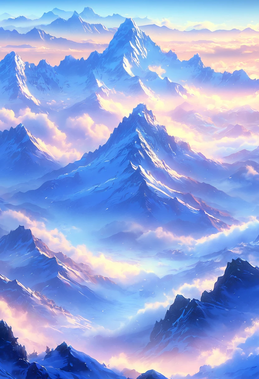  Snowy mountain scenery in blue tones at sunrise，With sunrise as background. The distant mountains are covered with fog and low clouds. Misty mountains., Mountains like ink paintings, Kiriya, Foggy morning landscape, sea of clouds, Morning Light,

                    Peaceful and dreamy atmosphere, Vision，ultra depth of field，super wide angle，The complexity of microfocal length lenses、High detail shooting, exquisite art, Realistic and ultra-detailed digital art style