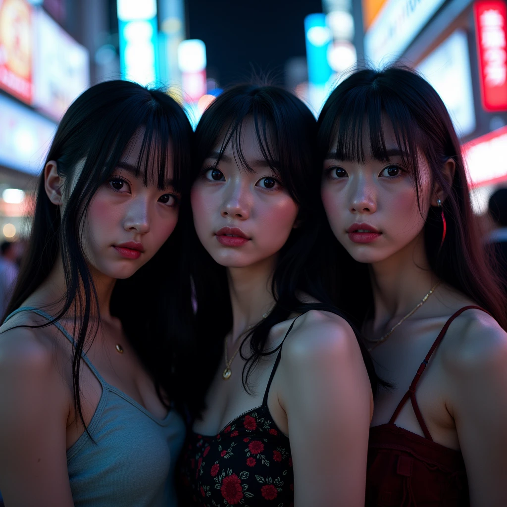Highest quality, masterpiece, Ultra-high resolution, (Realistic:1.4), RAW Photos, Very detailed, Perfect Anatomy, 

In the middle of the night, On the streets of Shibuya, Tokyo, 

3 people, Group photo, 最も有名な日本のアイドルグループのメンバーeveryone, everyone, 
(((everyoneコカインでトリップしてる, get high on cocaine, Totally drunk))), everyone has an innocent smile, 

Very cute face with attention to detail, Very large, solid, black eyes with great detail, With very beautiful hair、Perfect in every detail, With a very beautiful body、Perfect in every detail