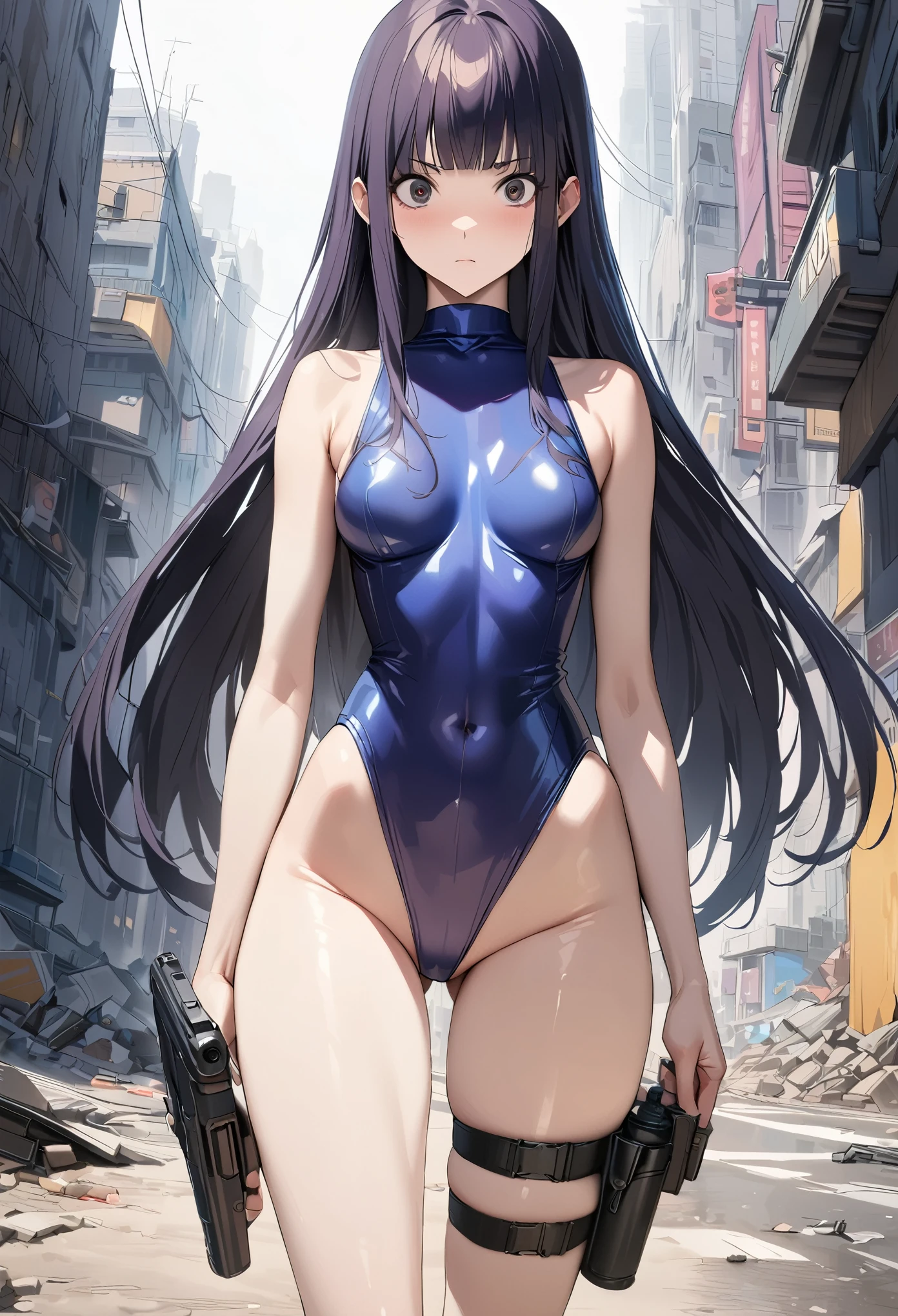 Action Scenes、((masterpiece,best quality anime,Highest quality:1.3)),realistic,cowboy shot,1woman,独奏,(30 year old beauty),((very small head:1.4)),((very long body:1.4)),(dark blue hair),straight long hair,(gorgeous big eyes),black eyes,Serious expression,((slender body:1.4,skinny)),medium breasts,dark blue turtleneck sleeveless,leotard,Leg Holster,oily skin:1.2,gleaming skin,shiny skin, (holding handgun)、standing,on road,Ruined city、Collapsed Buildings、Cyberpunk World、