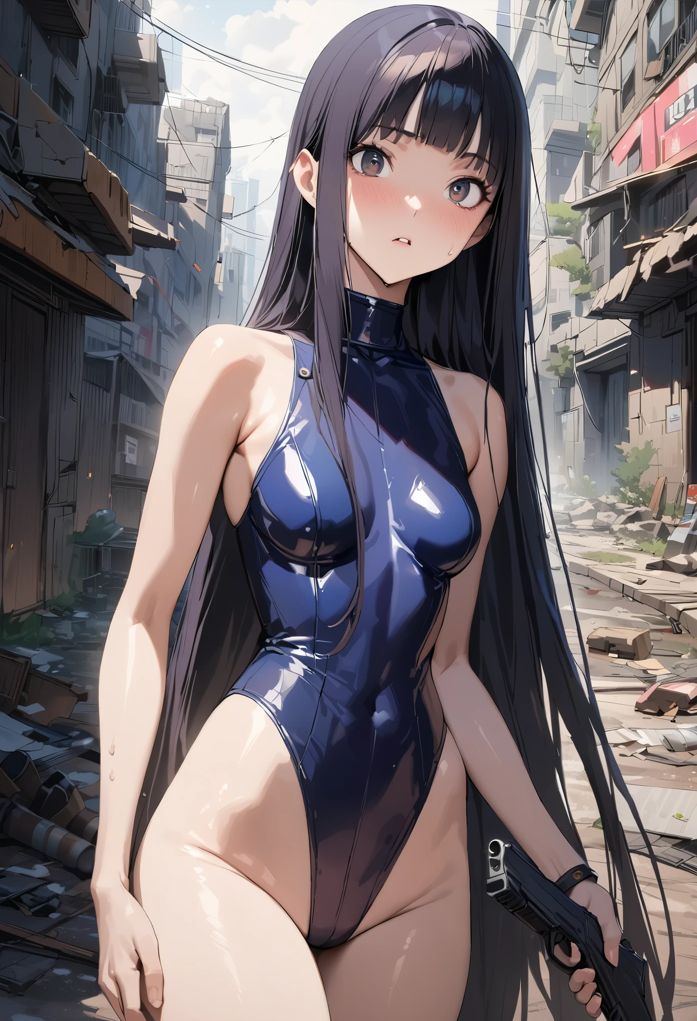 Action Scenes、((masterpiece,best quality anime,Highest quality:1.3)),realistic,cowboy shot,1woman,独奏,(30 year old beauty),((very small head:1.4)),((very long body:1.4)),(dark blue hair),straight long hair,(gorgeous big eyes),black eyes,Serious expression,((slender body:1.4,skinny)),medium breasts,dark blue turtleneck sleeveless,leotard,gun belt,oily skin:1.2,gleaming skin,shiny skin, (holding handgun)、standing,on road,Ruined city、Collapsed Buildings、Cyberpunk World、