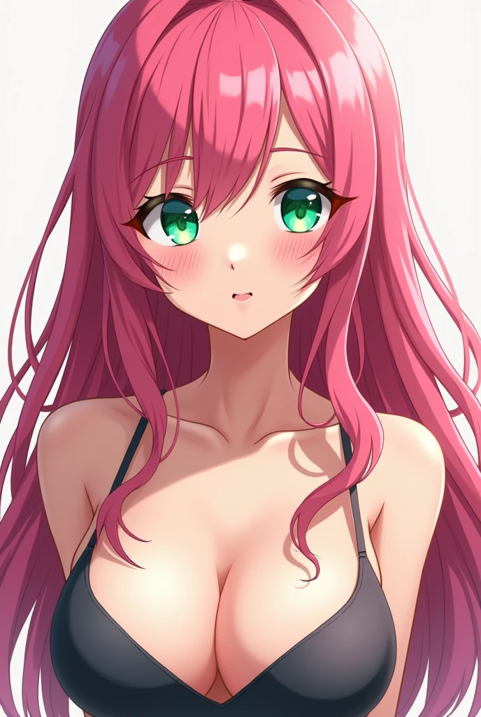    girl with long  pink hair, emerald green eyes, and large breasts.  Anime