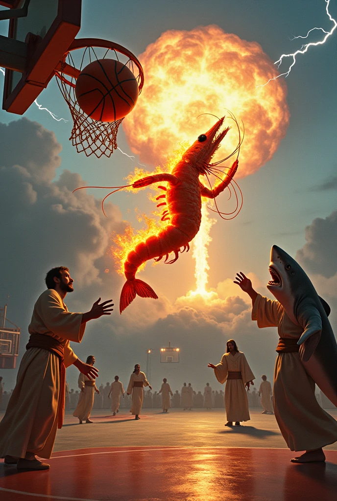 A shrimp scoring a basketball while it and the ball are on fire then a shark tries to stop it from scoring, Jesus Christ encourages the shrimp from the background while a nuclear bomb falls in the distance and lightning is falling from the sky (The shrimp is in the air close to scoring the basket)