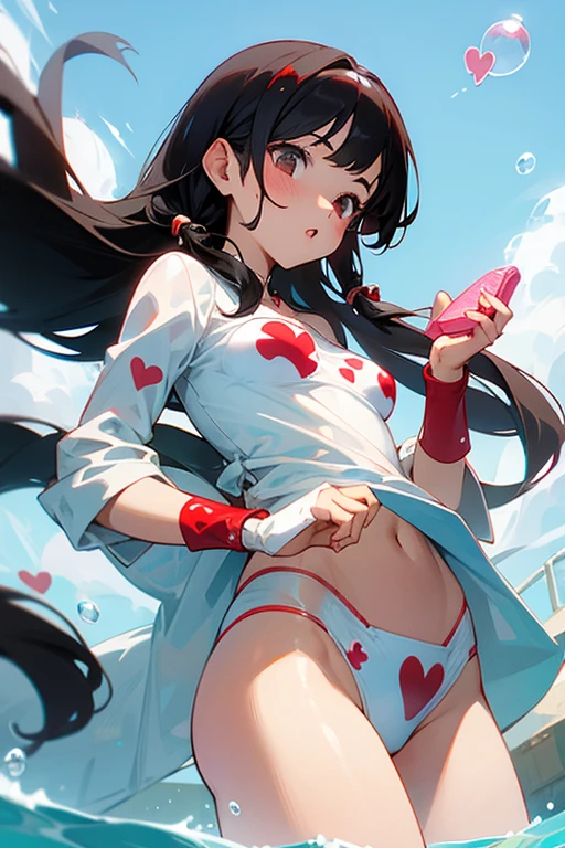 Girl wearing white bikini with red hearts print, long black hair,soap bubbles around 