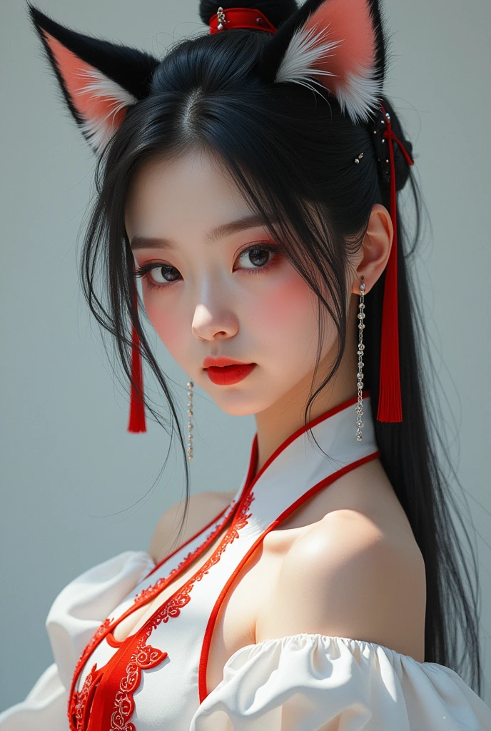 a woman with black hair and a cat ears on her head and a white dress with red and white trim,Du Qiong,cosplay,a photorealistic painting,plasticien,