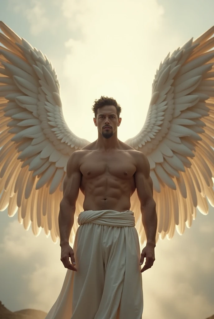 A man standing with wings at his back of white colour