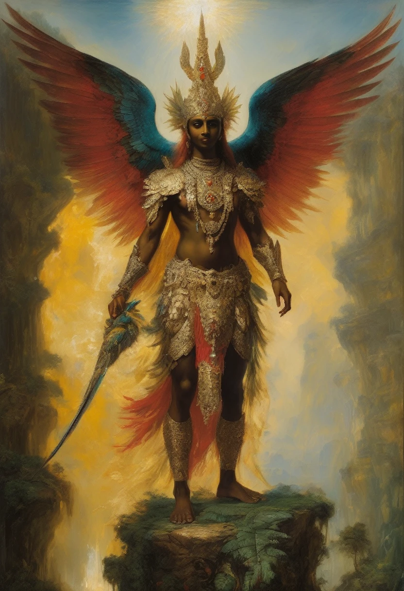 Design me a {Colossal Masterpiece, realistic oil painting, best quality, by Gustave Moreau}, dramatic portrait of a Garuda, elven ears, yellow jaundiced skin, chiaroscuro, iridescent, holographic, a red diamond shape on its forehead, displaying wings, reclined on a jungle temple floor.