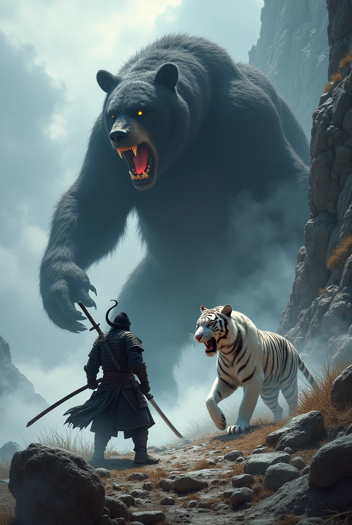 Katana samurai with white tiger fighting giant black bear from hell on mountain.