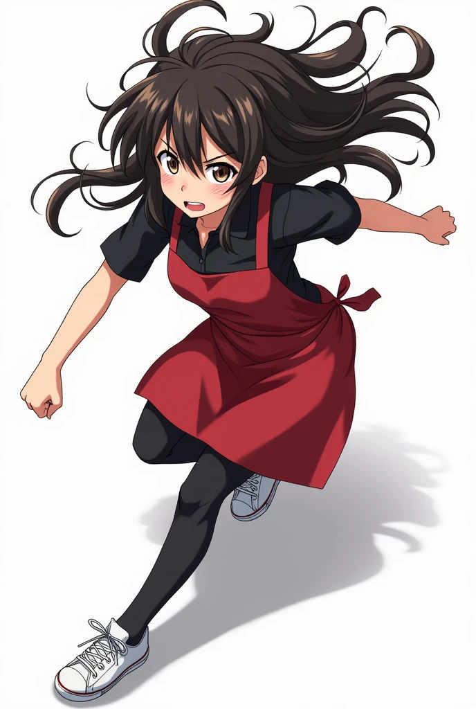 Create a brunette anime girl with long black hair and her hair would be somewhat unruly and brown pupils and dark circles of raccoon sleeplessness with a black shirt and a red apron also put black pants and white tennis shoes and with an action pose