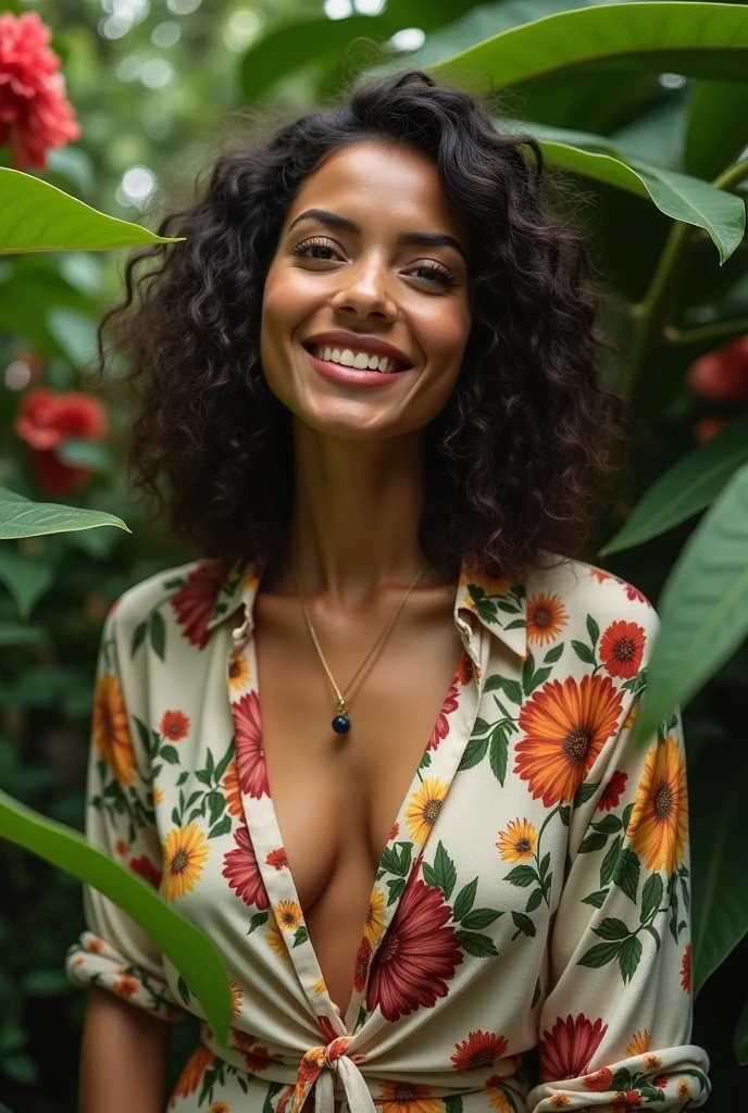 A Brazilian woman in a lush tropical garden, wearing an open shirt with a floral print, with a close-up capturing the harmonious beauty between her breasts and the natural flowers, showing off your natural charm and outgoing personality.