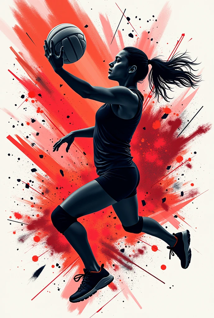 Create a volleyball t-shirt that has a design containing the colors: negro, white red Put more design on the entire shirt 
