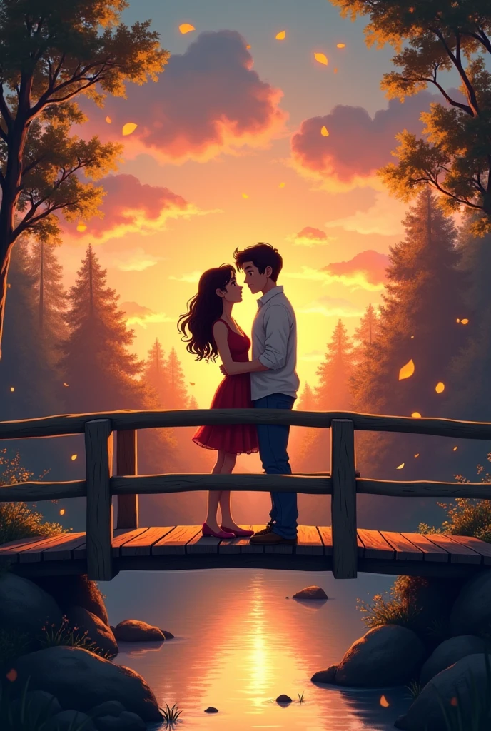 [Image d'un pont en bois dans une lumière douce de crépuscule, avec Clara et Léo adultes se retrouvant et s'enlaçant au milieu du pont, entourés de souvenirs et de joie.] Image sous forme de dessin animé 