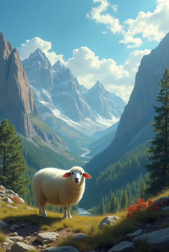 A SHEEP SHOWING FEAR, LOST IN THE MIDST OF THE MOUNTAINS,WITH A BLUE SKY WITH CLOUDS, THE MOUNTAINS WITH BIG TREES AND JESUS CLIMBING THE MOUNTAINS