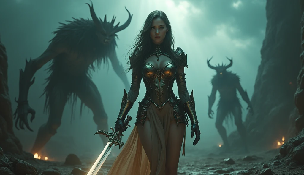 (high resolution, 8k, photorealistic, hyper detailed, masterpiece, exquisite, vivid colors, perfect composition, intricate details,Best Quality, 8K, Masterpiece: 1.2, Photorealistic: 1.37, HDR, UHD), Cute & Sexy Teen, Spooky Art, Ultra Detailed huge Breasts, Beautiful and sexy women's armor, A Spooky Demonic Landscape, Infernal World, Foggy, Dark Fantasy, Cinematic Lighting, Dramatic Chiaroscuro, Changing Colors, Deep Shadows, Bright Rays, Hellscape, Apocalyptic, Teen Wield Magic Sword, Teen Has an Evil Demonic Monster in front of her,wide cleavage,image of a full-body woman,BREASTS 3D,image 3D,3D woman, extremely detailed breasts, extremely detailed face, beautiful detailed eyes, beautiful detailed lips, long eyelashes, detailed facial features, highly detailed skin, realistic skin pores, realistic hair strands, ultra-realistic 3D rendering, high-quality 3D model, photorealistic, hyper-detailed, intricate details,Vivid and intense colors, vibrant colors, extreme description of details,huge breasts,3D woman warrior,extremely detailed armor, high-quality 3D warrior