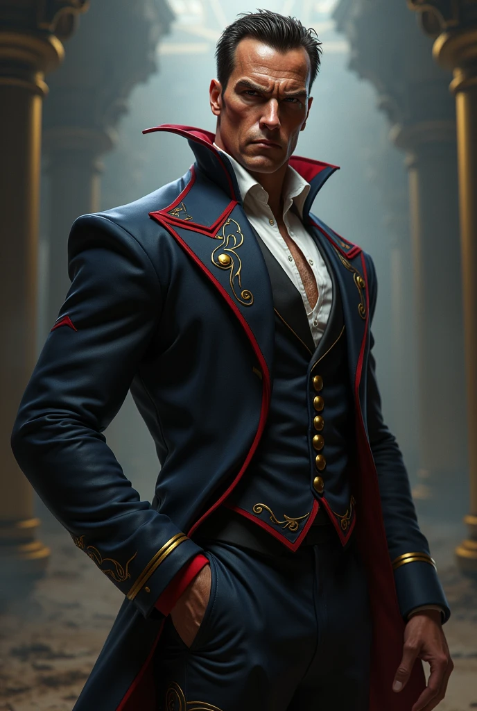 Jhin from League of Legends with Arnold Schwarzenegger features