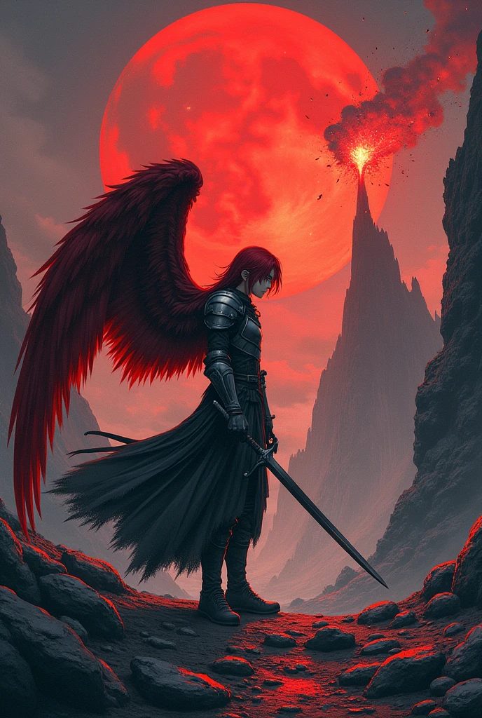 A male angel with dark gray matte armor and red wings and long straight red hair., very apocalyptic rock background, and red moon next to a volcano written melboarck in Japanese manga style, young male face not very strong with sword