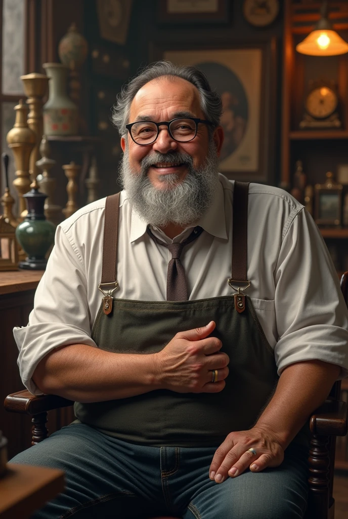 (photorealism:1.2), 40 years old man, with round glasses, and a black and grey beard, with suspenders. He's strong and has large should. He has a gentle smile and is the owner of an antiquarium