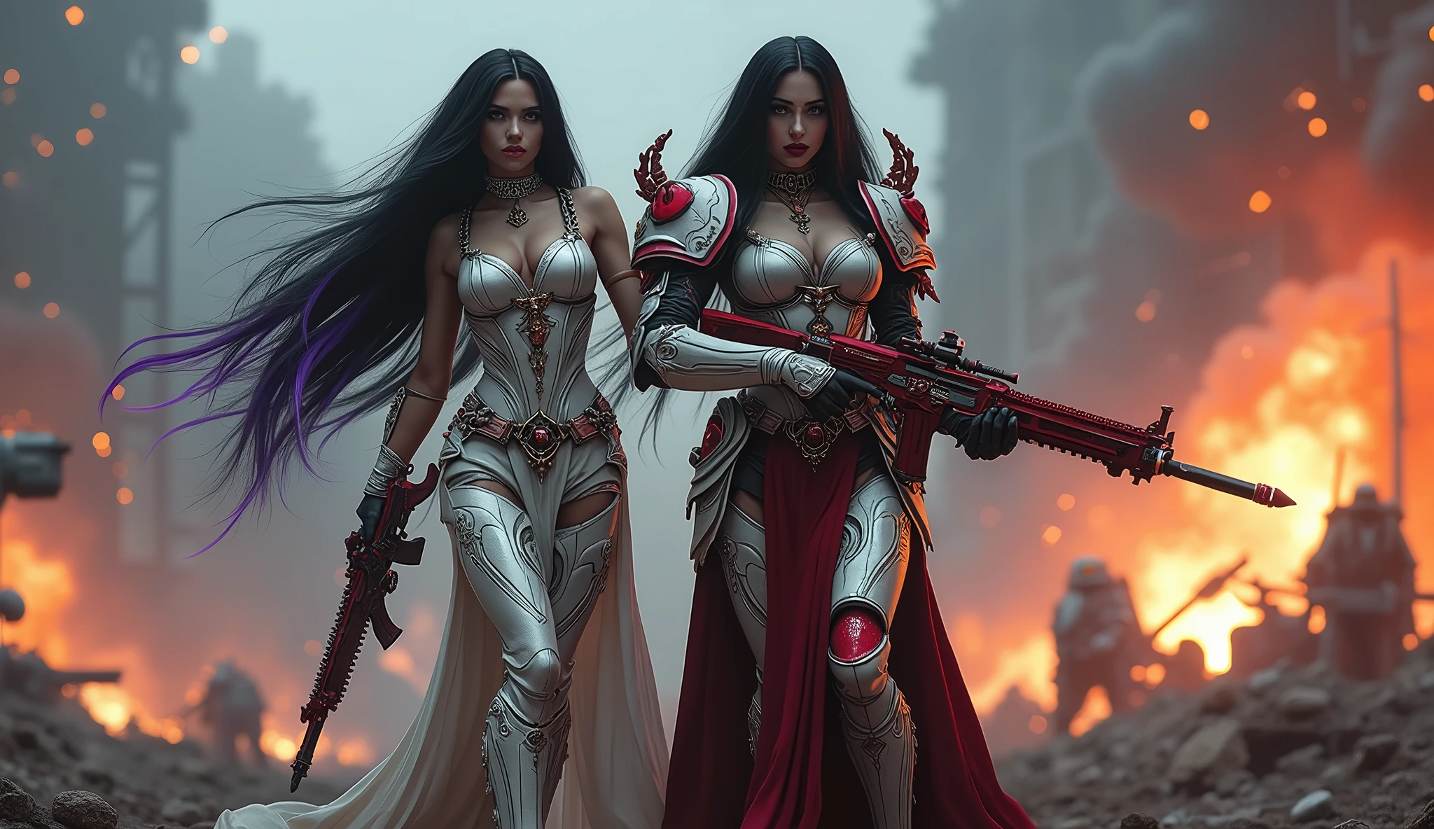 Masterpiece, Best Quality, Official Art, (Highly Detailed CG Unity 8k wallpaper), Detailed background, (Hands by Guido Daniele: 1.1). Full body pose sexy sisters of battle from the warhammer 40k, shooting at the enemy, white armor with intricate details, red armor with intricate details, religous symbols on the armor, sisters of battle, warhammer 40k, Massive silicone breast, pale skin, seductive, temptation, eat your soul, clevage, long flowing black hair with purple highlights, heavy gothic makeup, at night, neon, beautiful detailed eyes, beautiful detailed lips, extremely detailed eyes and face, long eyelashes, highly detailed armor, intricate futuristic weaponry, dramatic lighting, cinematic composition, muted color palette, gritty and realistic, mecha, science fiction, hyper-detailed, photorealistic, award winning digital art, 8k, HDR, masters work, in the middle of a battle field, full body combat action pose, explosions and fire around, full war, stunning, Stilleto heels, high heels, full body pose, cinematic, movie trailer, final stand!, nemesis, ready to strike, dust and debree, combat screams, attacking, shooting at the enemy, running forward, last line of defense, charging, fanatic, religious, templar knights, sisters of battle, warhammer 40k