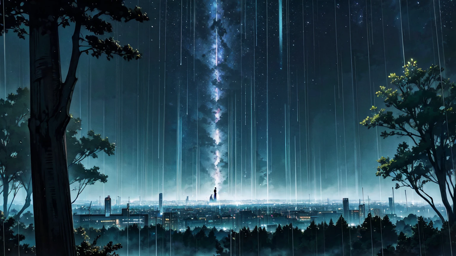 Nostalgic, Makoto Shinkai, A splendid library beyond the forest, night, heavy rain. The library can be seen beyond the forest, vivid. Sky full of stars. Rainy weather. Fantastic, forest in the foreground, library in the background.