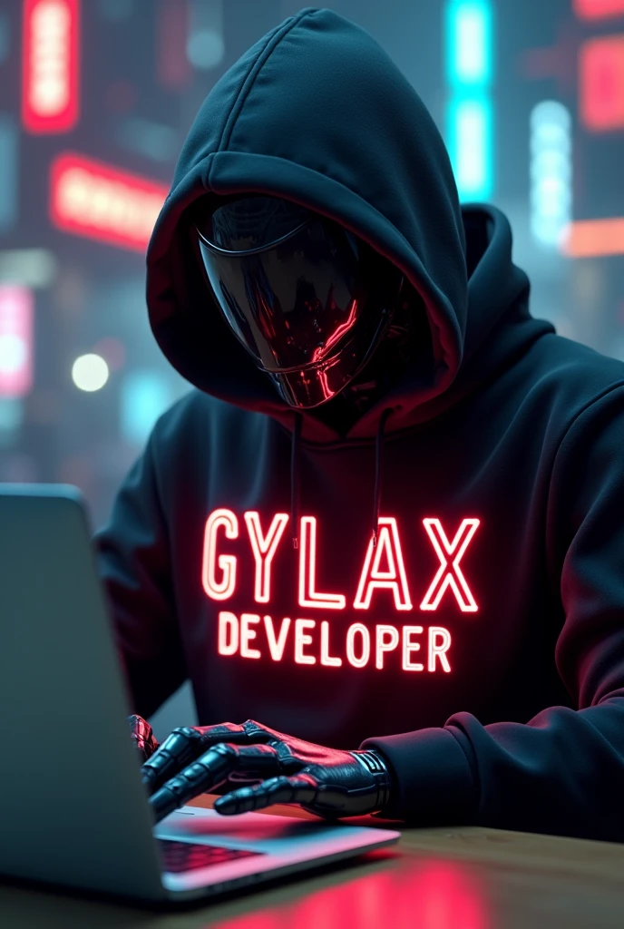 GIVE A FUTURISTIC BACKGROUND ON WHICH A Humanoid robot sitting DOING CODING ON A
Open LAPTOP , wearing a BLACK HOODIE WHICH HAVE A TEXT APPEAR IN NEON Red COLOR TEXT IS
"G Y L A X " " DEVELOPER " IN CLEAR WORDS VISIBLE TO US
IT SHOULD BE IN capital letter,,
IT SHOULD BE GYLAX NOT GALAXY
Humanoid robot face half covered with hoodie
Humanoid robot background should be attractive
Humanoid robot
Best looking image but I want it one watch and be a fan of it
Give a face to it half covered with hoodie
Hoodie come over to eyes
Laptop not visible make it visible
Humanoid face have a shield