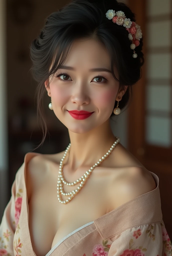 Beautiful and mature Japanese woman, Married women, fine wrinkles, long eyelashes, shining eyes, short bob, (headdress), (bright red lipstick), elegant, slim body, pink cheeks, pearl necklace, earring, cute smile, nudity, naked, small breasts, , flat chest, (armpit), Browsing Caution, (best quality,4K,8k,high resolution,masterpiece:1.2),