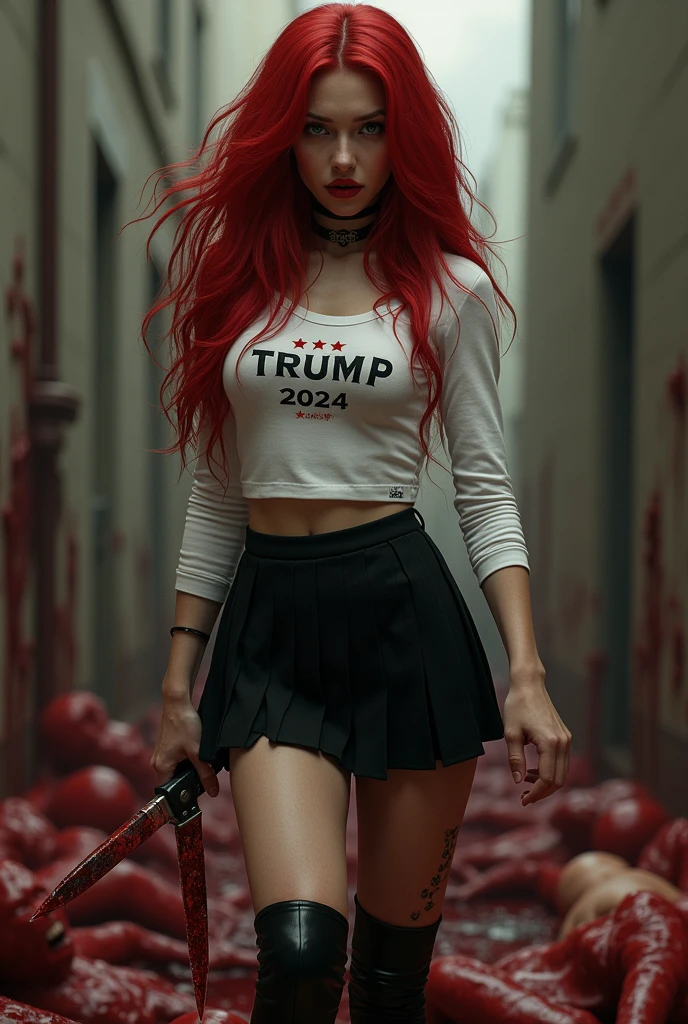 Seductive and Beautiful young woman with a soul of pure evil and hatred. Alluring long red haired serial killer wearing a tight “Trump 2024” long sleeve white shirt, a black pleated microskirt and black ankle high boots. Surrounded by blood and bodies. She attacks a man viciously, A bloody knife in her right hand. A sinister smile crosses her glossy red lips.