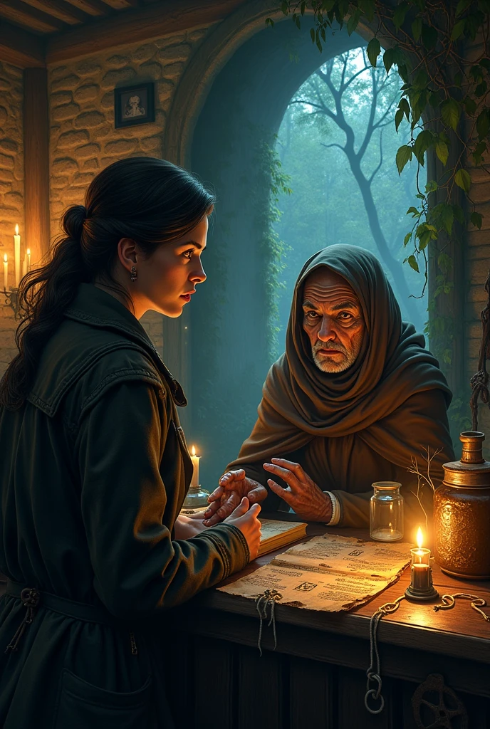 Female investigator talking to the witch inside the cottage