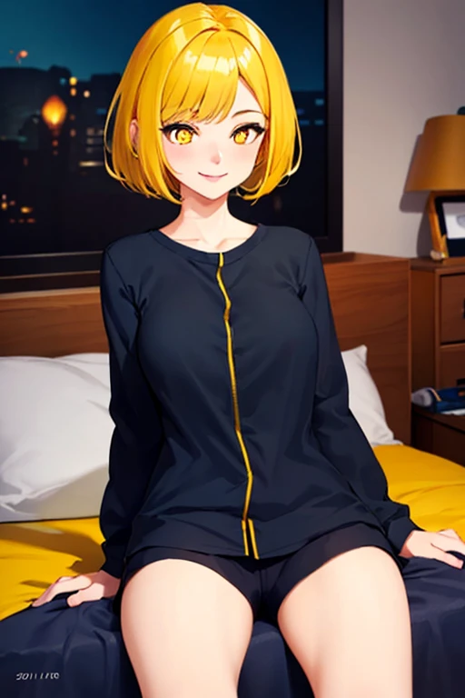 high quality, subsurface scattering, chromatic lighting,
colorized, yellow + black limited color palette, 
detailed concept drawing,
in a bed room, sleep wear,
portrait, 20yo 1girl, medium soft breasts, slender, yellow hair, yellow eyes, smiling