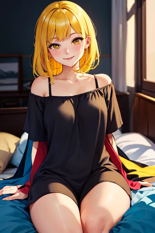 high quality, subsurface scattering, chromatic lighting,
colorized, yellow + black limited color palette, 
detailed concept drawing,
in a bed room, sleep wear,
portrait, 20yo 1girl, medium soft breasts, slender, yellow hair, yellow eyes, smiling