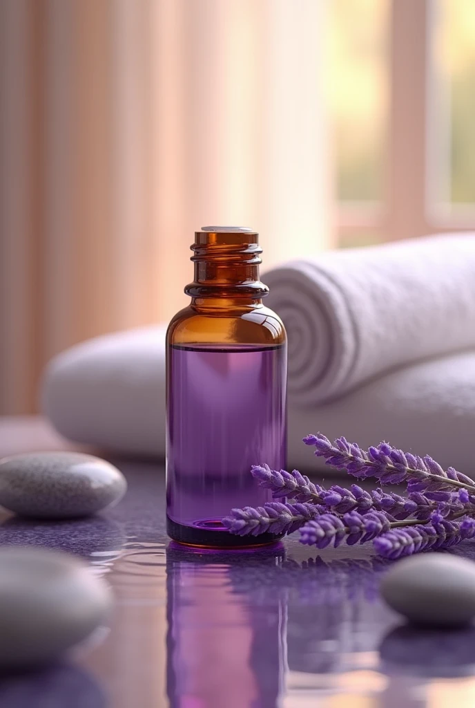 A bottle of vital essence of lavender essential oil in a spa setting