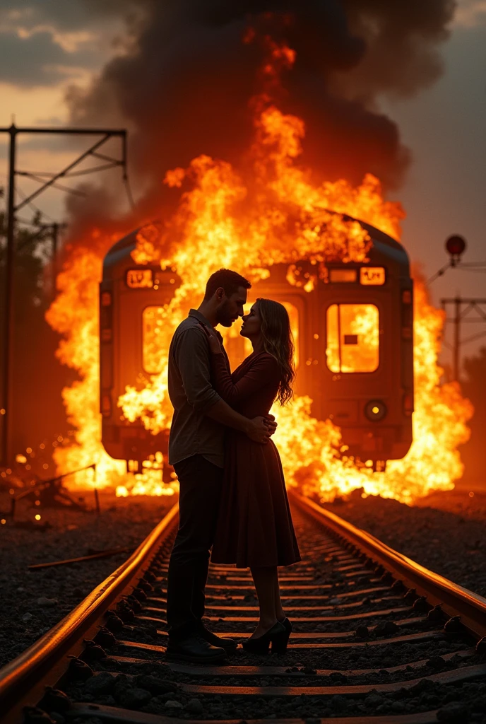 A train on fire inside because a bomb fell on it and a couple saying goodbye