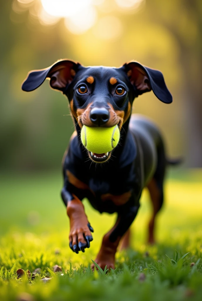 Black Dachshund with a tennis ball in his mouth