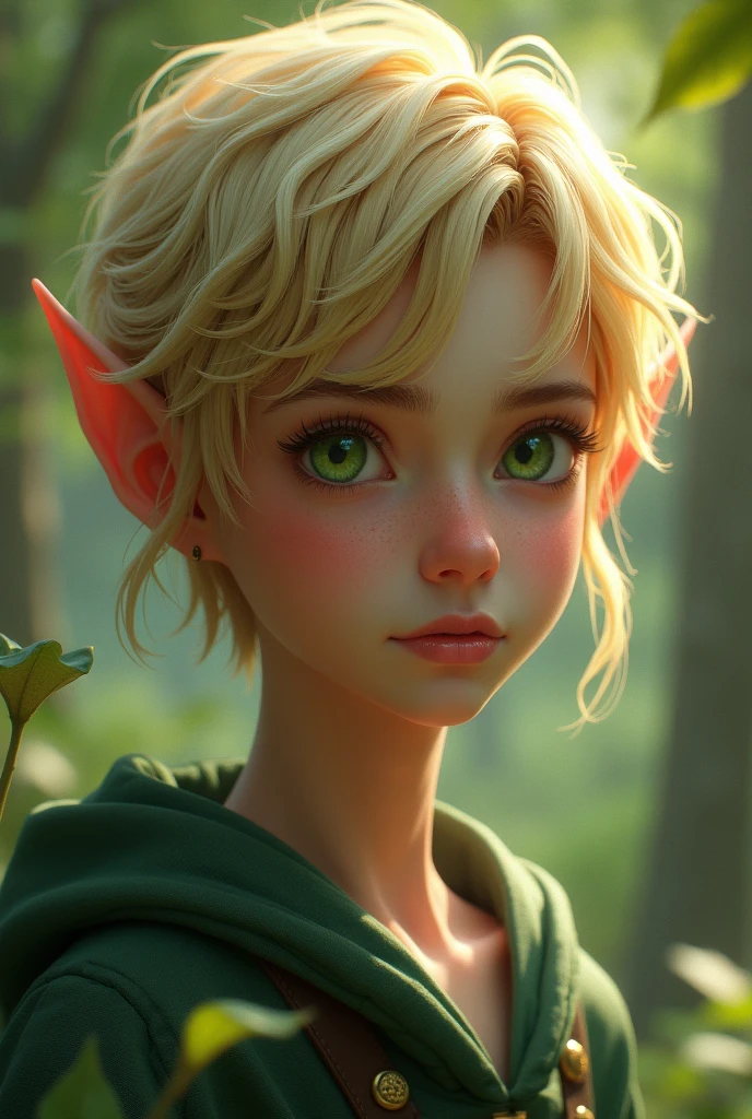 male elf, realistic, short blond hair, green eyes