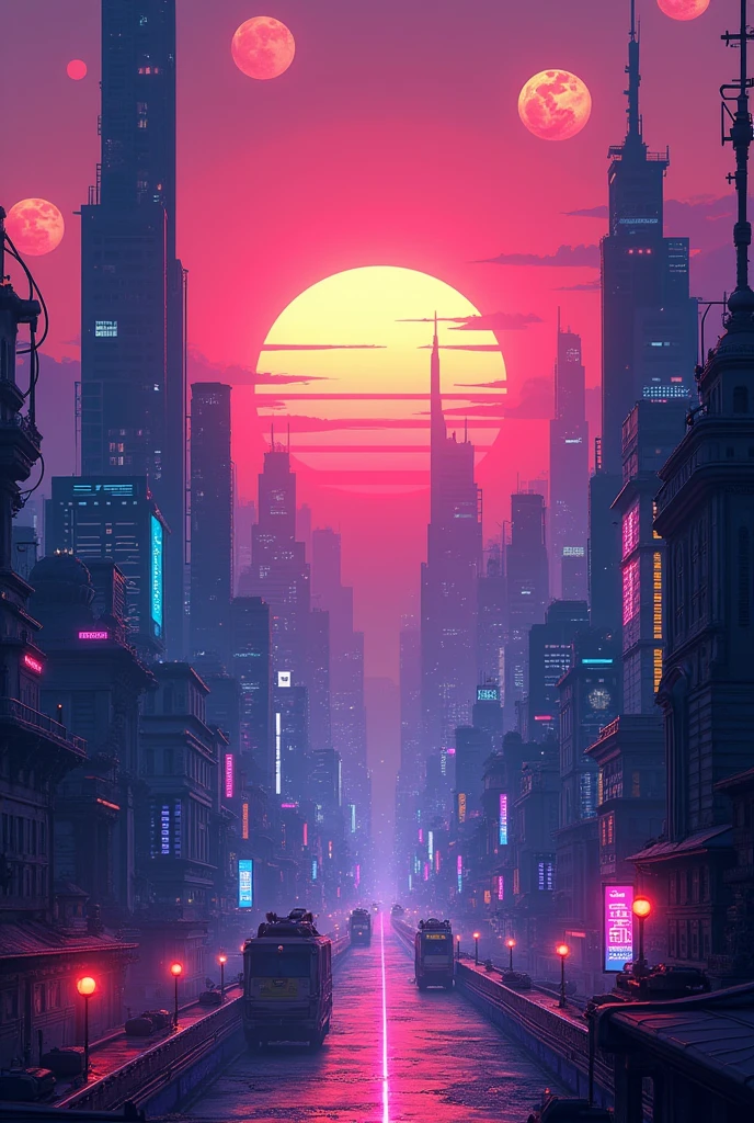 An inmense futuristic cyberpunk city, with neon, bright and strong colors. The orange and pinkish sun is setting, eclipser by various moons, with a vaporwave style with white bright reflexes.. the sky is turning dark far from the sun, letting us view the purple and blue lights of the city. All the picture will be minimalist. the picture will be a pixel art.