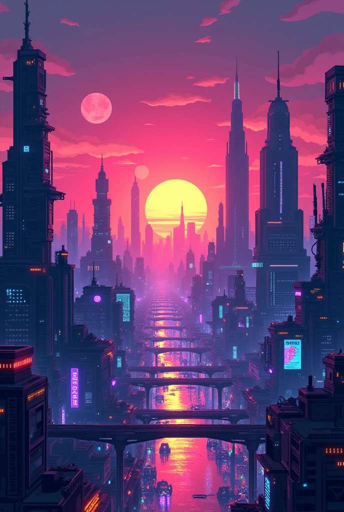 An inmense futuristic cyberpunk city, with neon, bright and strong colors. The orange and pinkish sun is setting, eclipser by various moons, with a vaporwave style with white bright reflexes.. the sky is turning dark far from the sun, letting us view the purple and blue lights of the city. All the picture will  be minimalist. the picture will be a pixel art.