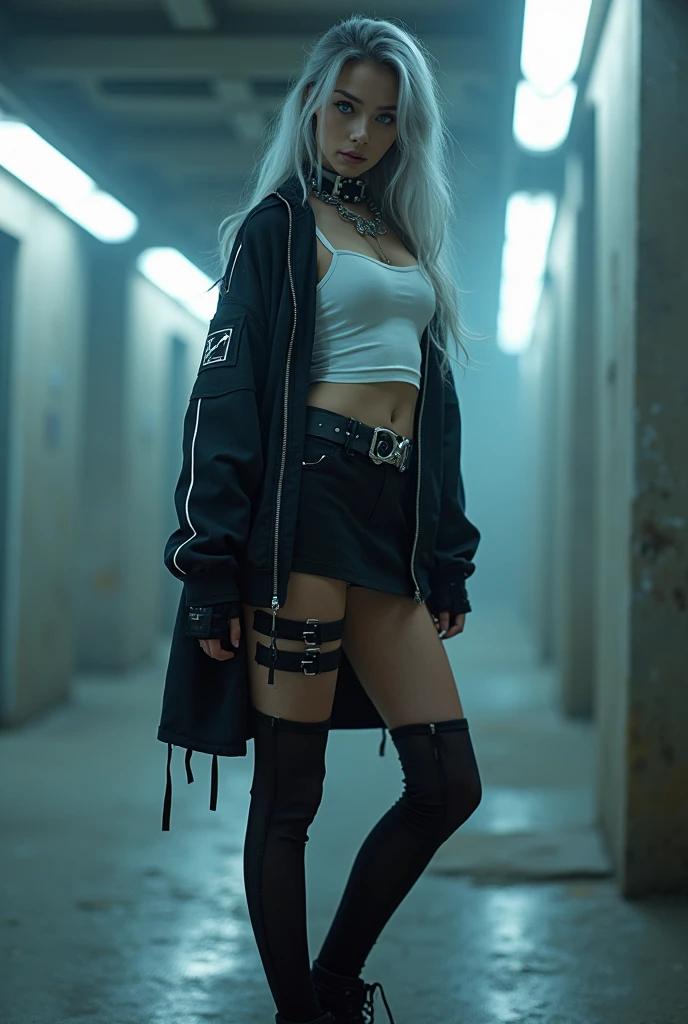 (nsfw:1.3), masterpiece, Best Quality, Realistic, A mysterious and sophisticated beautiful young girl, identity hidden, all body shot, with blue eyes wears futuristic and sexy fashion art. 18-years-old, beautiful and sexy Japanese girl is climbing at a wide angle, standing and random posing, with her full body in frame. She has an ultra-slim waist, large firm breasts, a large-sized buttocks, showcasing sculptural beauty. gray arranged hair, light color eyes, Realistic skin, Detailed face, , small head. /// dressed in a striking white and black military print bodysuit paired with a sleek black leather belt with a futuristic metallic buckle and low-rise black sweat Knee-high skirt with zipper accents. She wears a sheer black mesh bomber jacket adorned with white and black military patches, chunky black high-cut Sneakers with silver hardware. Her look is fierce and bold, complemented by black fingerless gloves with white LED lights and high-tech accessories. adding an edgy attitude. Her outfit is completed, merging functionality with style. exuding a hint of rebellion, embodying the essence of future street-chic fashion. The wear hugs her body tightly, accentuating her curves and digging sensuously into her skin, /// small head and face, Detailed wide Duck mouth, half open mouth, perfectly aligned teeth, perfect beautiful wide teeth, light blue eyes, half open eyes, shiny Droopy eyes, looking other, /// She is situated within the interior of a futuristic colony, in the deep night, with mist drifting and steam rising from concrete