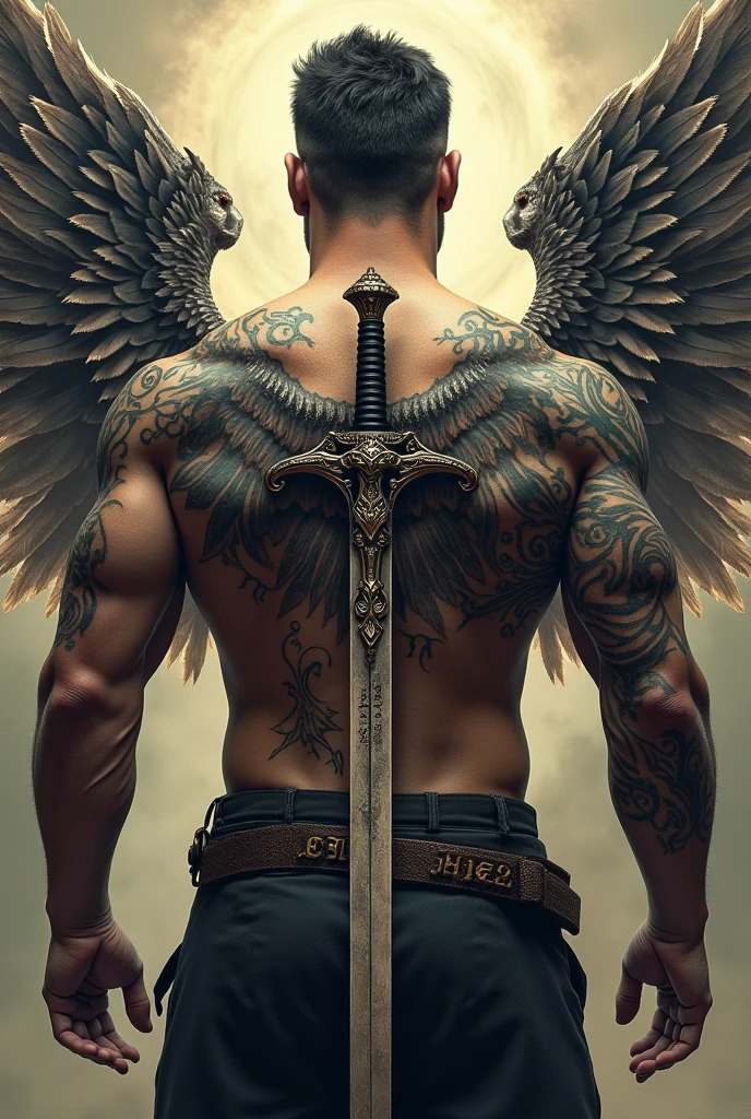 Four Wings tatoo with sword, time, rune words for man

