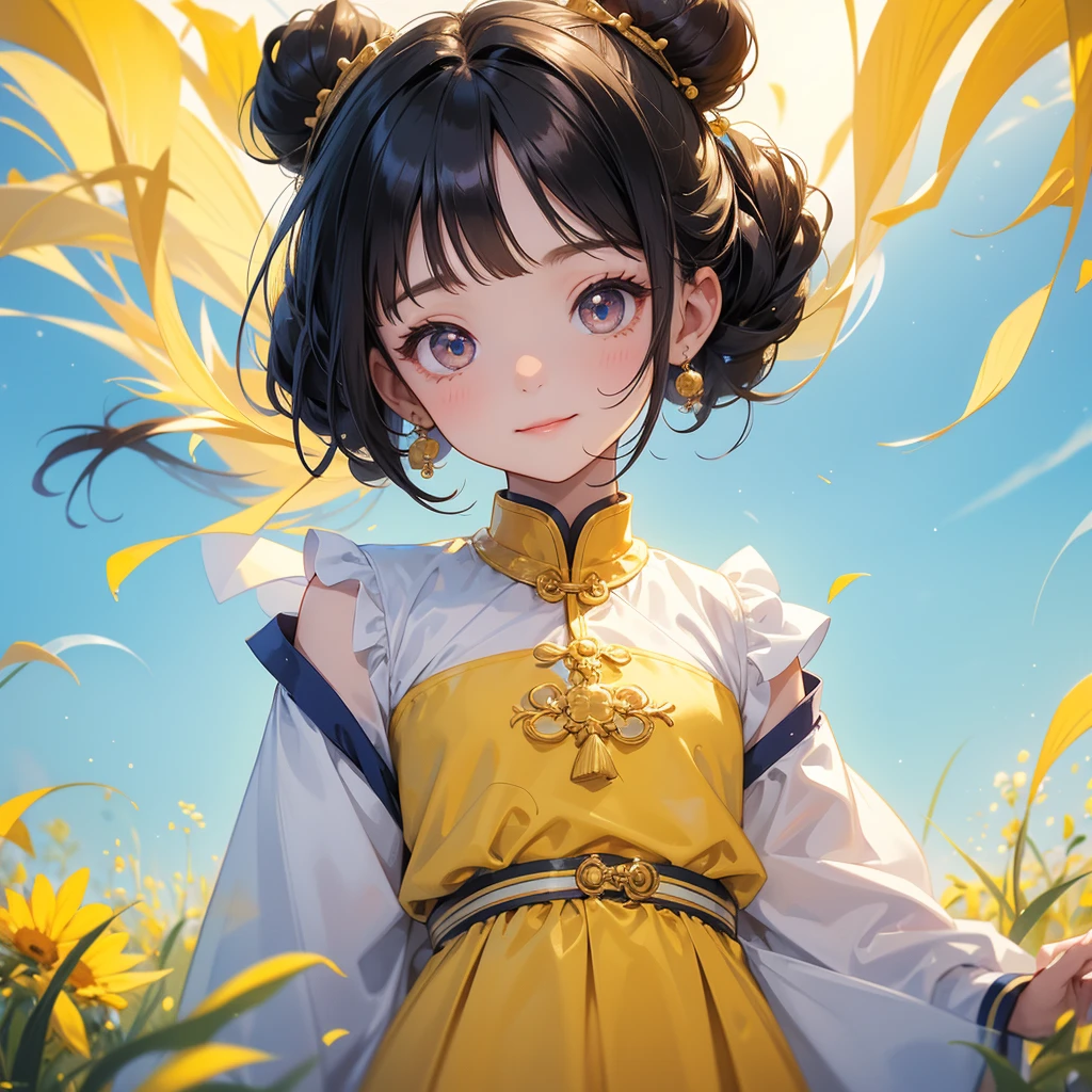 A chibi girl had a small face and Wearing white little Taoist priest's outfit. A pair of big round eyes shone with curiosity about him. This childso cute! ,her hair is black with two buns on her hair.small chibi, chibi baby, smiling,The little chibi baby looked up with his chest raised, and his face was old and proud.
Standing in the midst of a field of bright yellow gold fields.