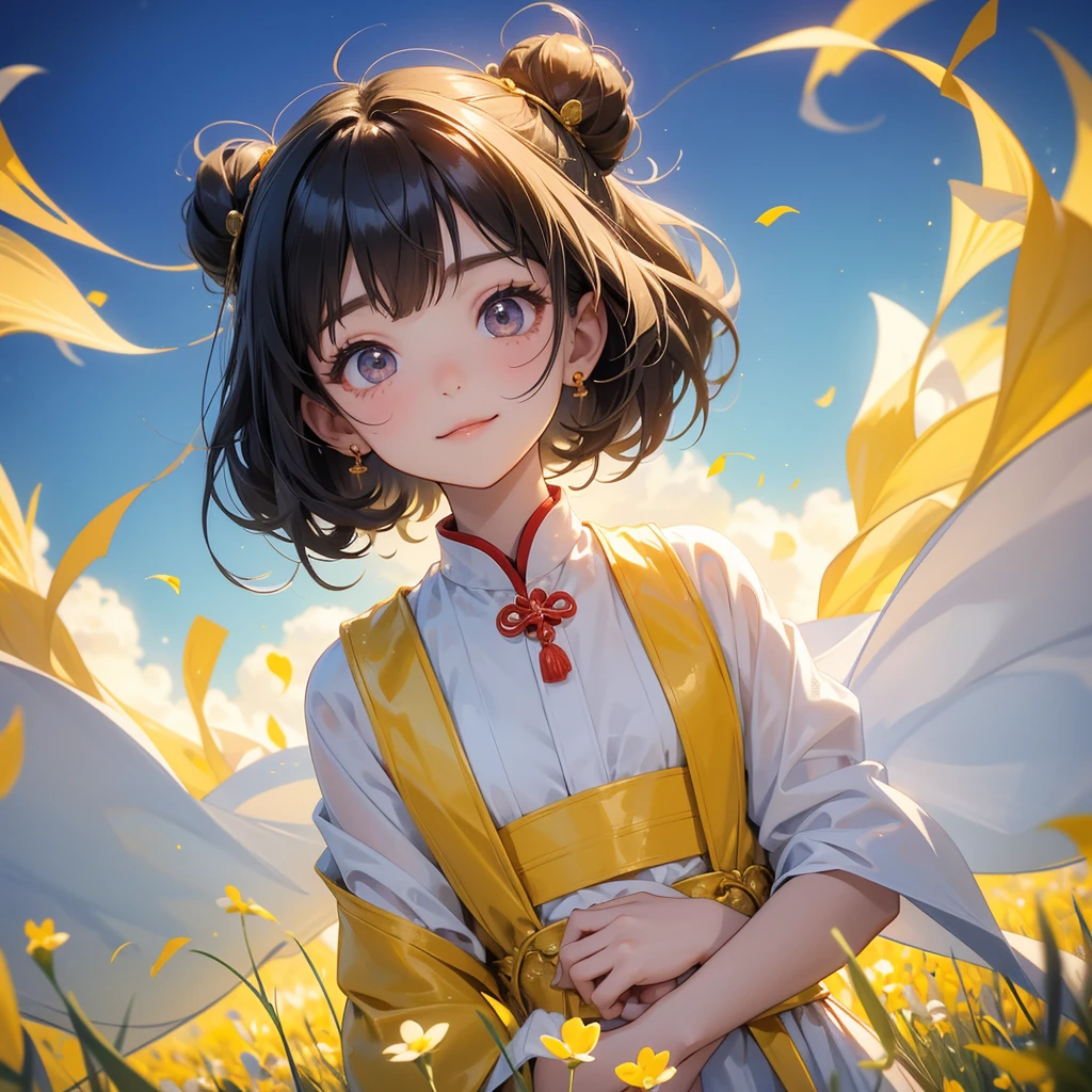 A chibi child girl had a small face and Wearing white little Taoist priest's outfit. A pair of big round eyes shone with curiosity about him. This child was so cute! ,her hair is black with two buns on her hair.small chibi, chibi baby, smiling,The little chibi baby looked up with his chest raised, and his face was old and proud.
Standing in the midst of a field of bright yellow gold fields.