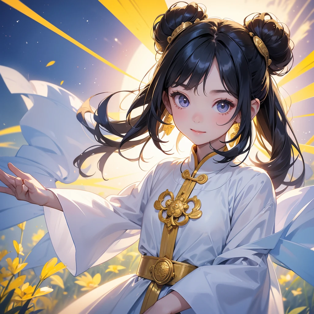 A chibi child girl had a small face and Wearing white little Taoist priest's outfit. A pair of big round eyes shone with curiosity about him. This child was so cute! ,her hair is black with two buns on her hair.small chibi, chibi baby, smiling,The little chibi baby looked up with his chest raised, and his face was old and proud.
Standing in the midst of a field of bright yellow gold fields.