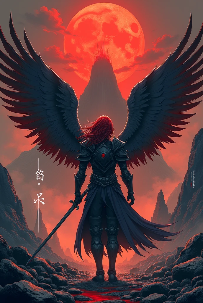 A male angel with dark gray matte armor and red wings and long straight red hair., very apocalyptic rock background, and red moon next to a volcano written melboarck in Japanese manga style, young male face not very strong with sword
