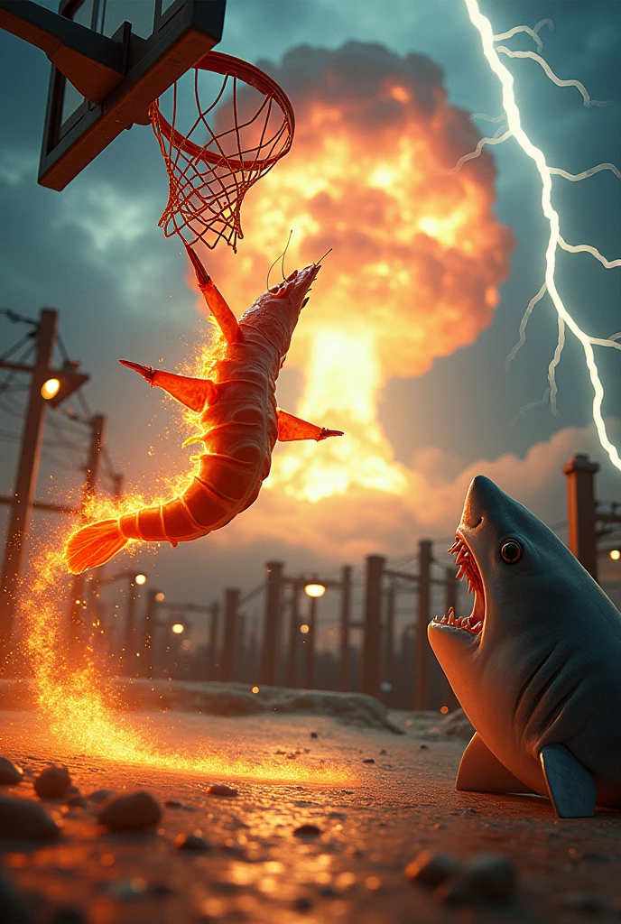 A shrimp scoring a basketball while it and the ball are on fire then a shark tries to stop it from scoring, Jesus Christ encourages the shrimp from the background while a nuclear bomb falls in the distance and lightning is falling from the sky (The shrimp is in the air close to scoring the basket)