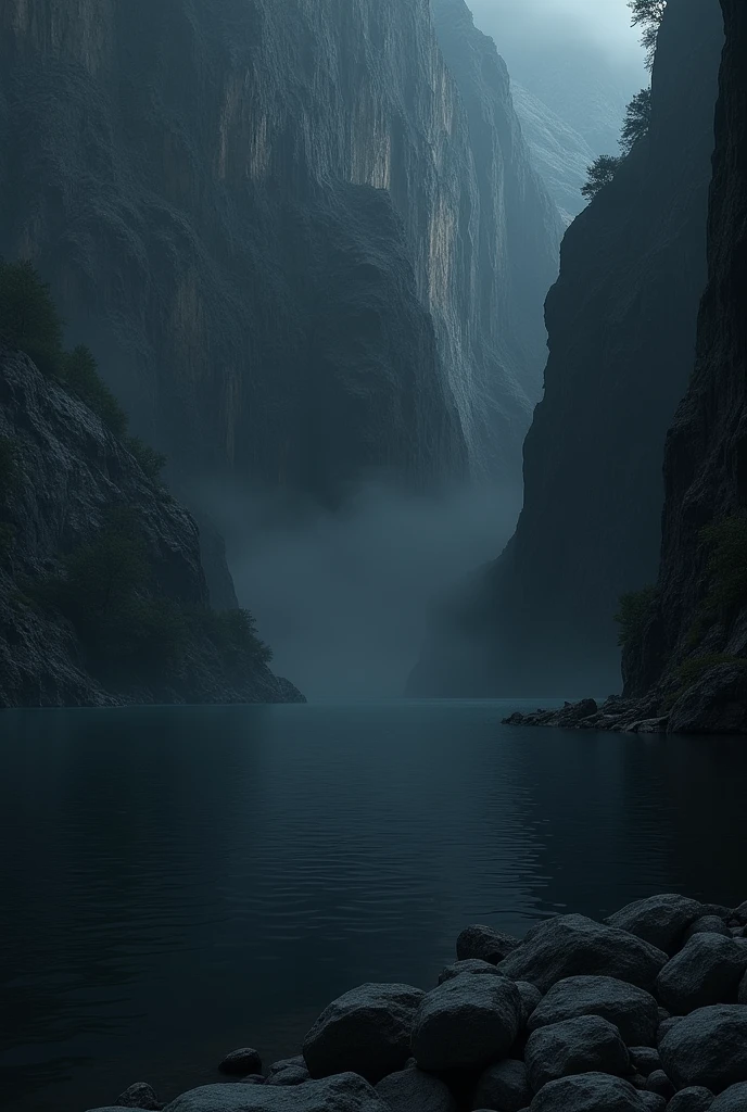 Dark lake with cliff above the lake