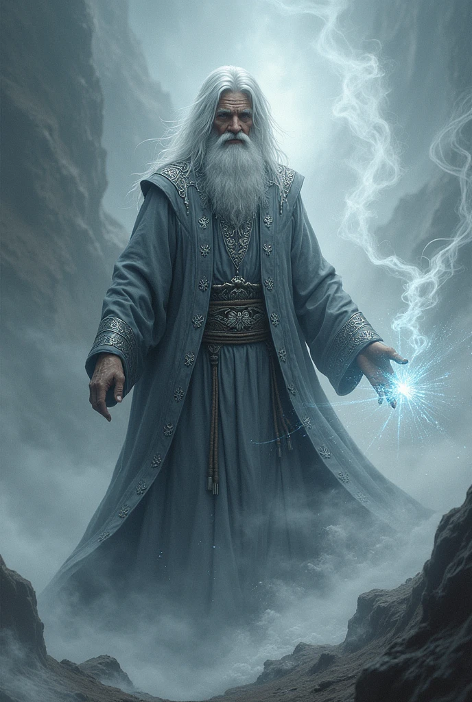 A man with white hair and gray clothes with silver details, using a gray magic to control the winds around