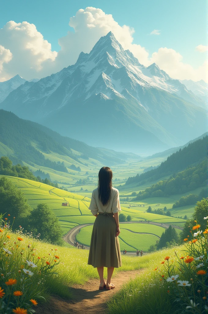 A woman standing at a farmland looking at the mountains and people are running in the fields shouting