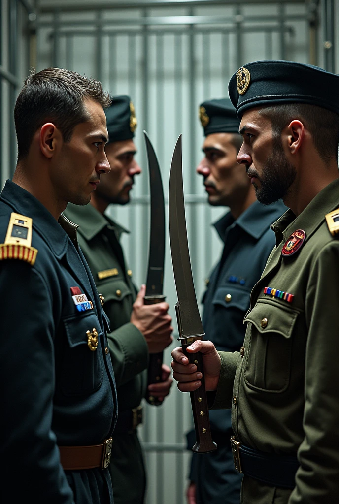 Create a cage with 4 men from different countries of military profession all with cake knives staring at each other
