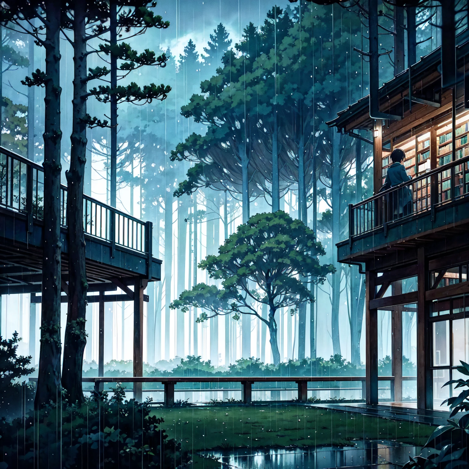 Nostalgic, Makoto Shinkai, a splendid library beyond the forest, beautiful composition. Night, heavy rain. The library can be seen beyond the forest, vivid. Sky full of stars. Rainy weather. Fantastic, forest in the foreground, library in the background. A bright picture.